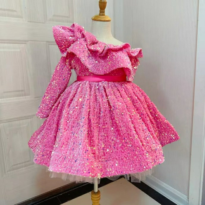 TinyTulle Sparkling Hot Pink Sequin Flower Girl Dress with Ruffle Off Shoulder Design