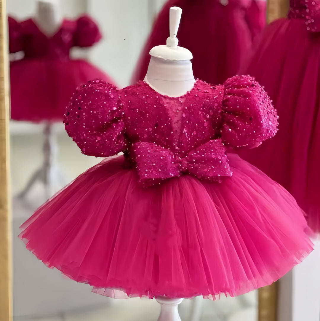 TinyTulle Hot Pink Puff Sleeve Tulle Flower Girl Dresses with Sequin Bow