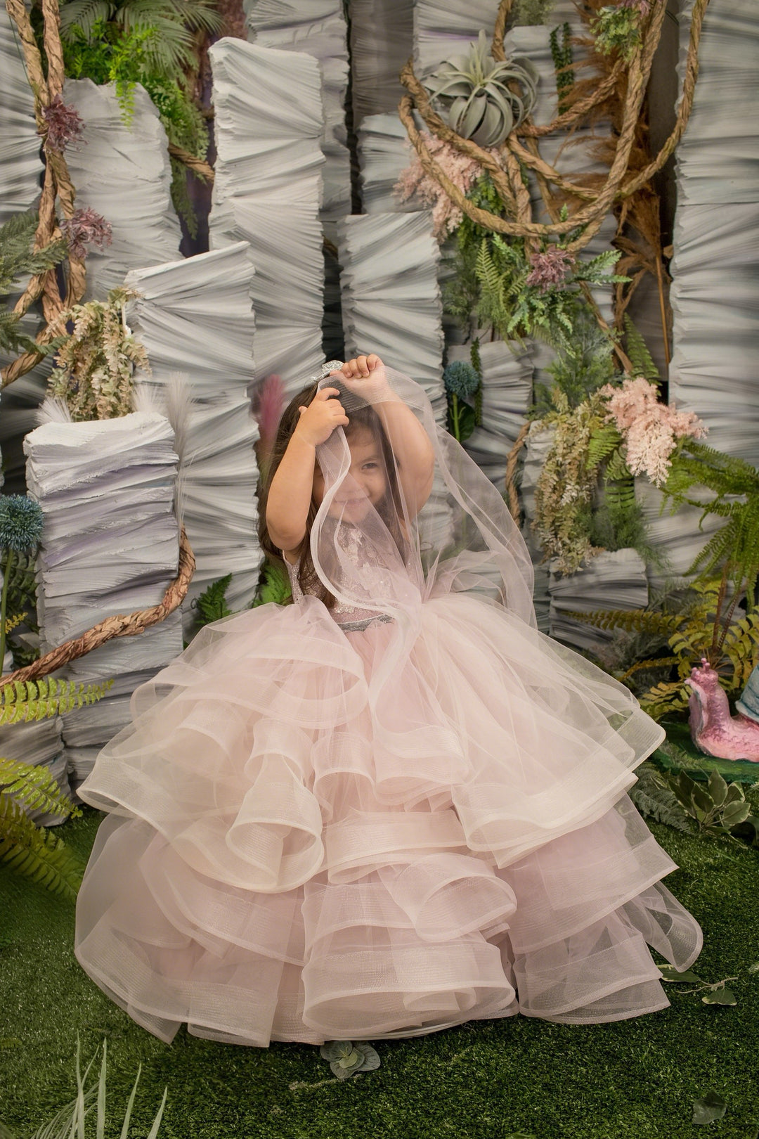 TinyTulle Blush Pink Floral Appliqué Layered Tulle Flower Girl Ball Gown