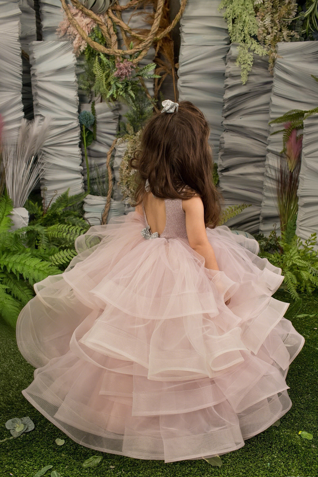 TinyTulle Blush Pink Floral Appliqué Layered Tulle Flower Girl Ball Gown