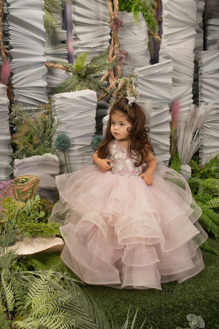 TinyTulle Blush Pink Floral Appliqué Layered Tulle Flower Girl Ball Gown