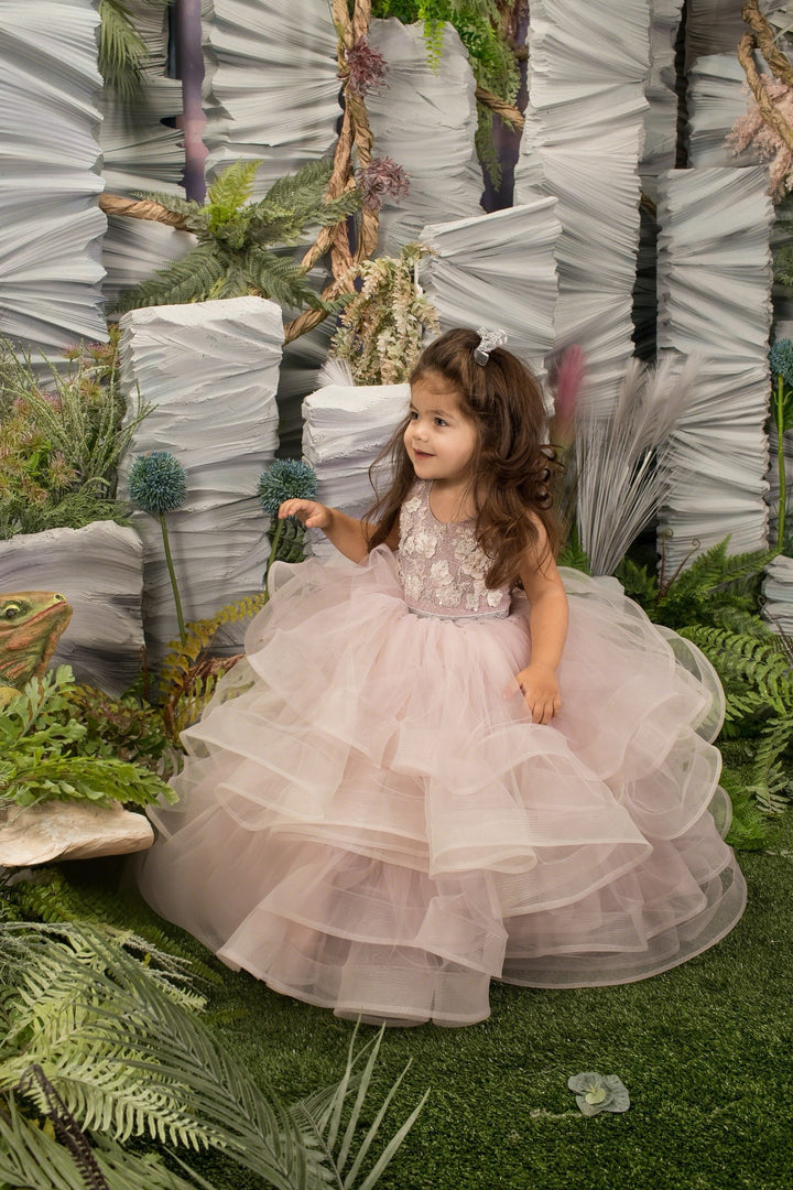 TinyTulle Blush Pink Floral Appliqué Layered Tulle Flower Girl Ball Gown