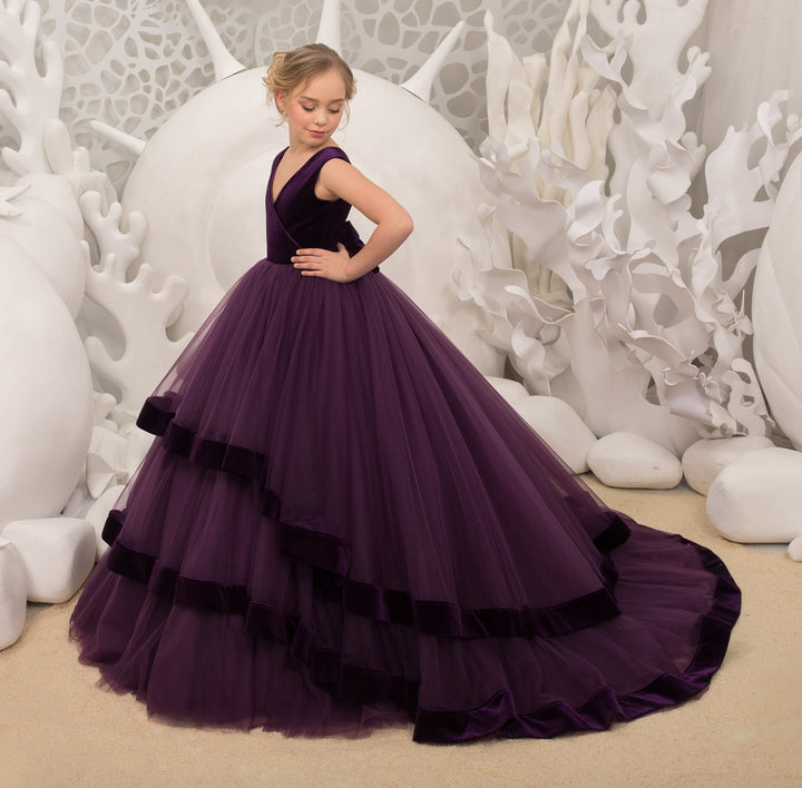 TinyTulle Elegant Purple Velvet Tulle Flower Girl Dress with Cathedral Train