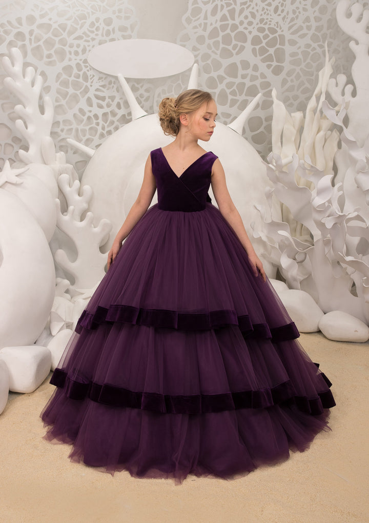 TinyTulle Elegant Purple Velvet Tulle Flower Girl Dress with Cathedral Train