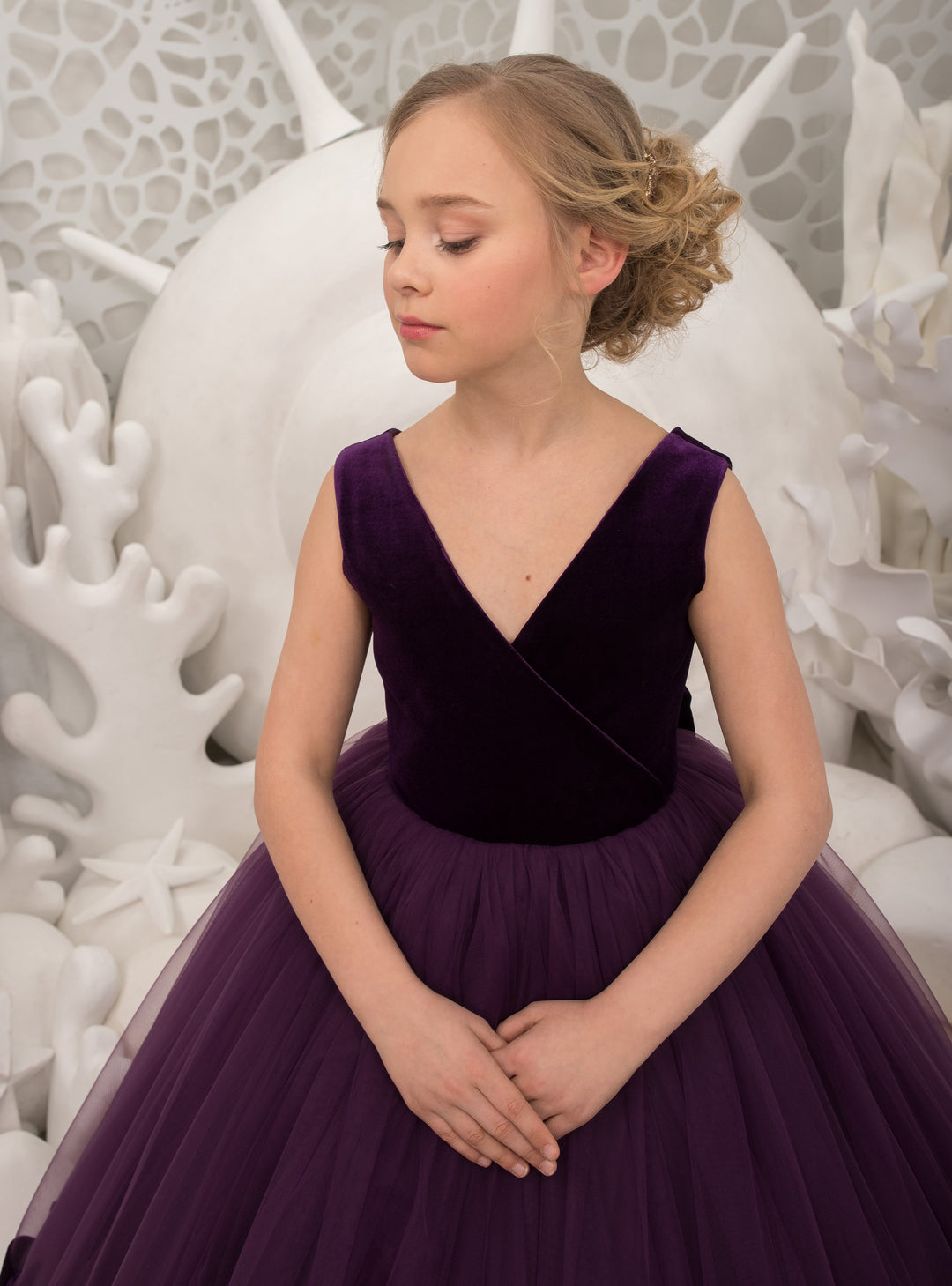 TinyTulle Elegant Purple Velvet Tulle Flower Girl Dress with Cathedral Train