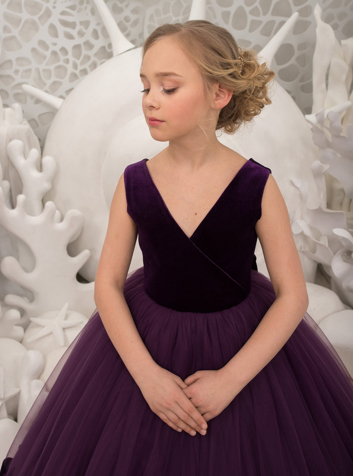 TinyTulle Elegant Purple Velvet Tulle Flower Girl Dress with Cathedral Train