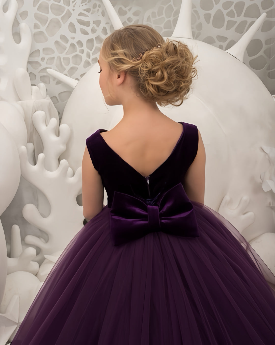 TinyTulle Elegant Purple Velvet Tulle Flower Girl Dress with Cathedral Train