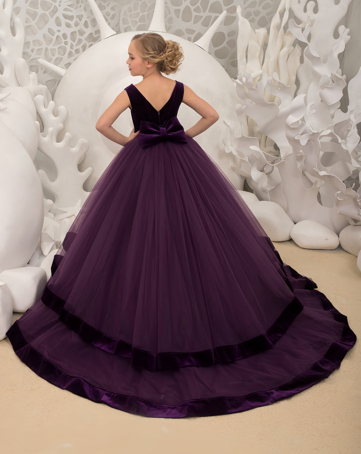 TinyTulle Elegant Purple Velvet Tulle Flower Girl Dress with Cathedral Train