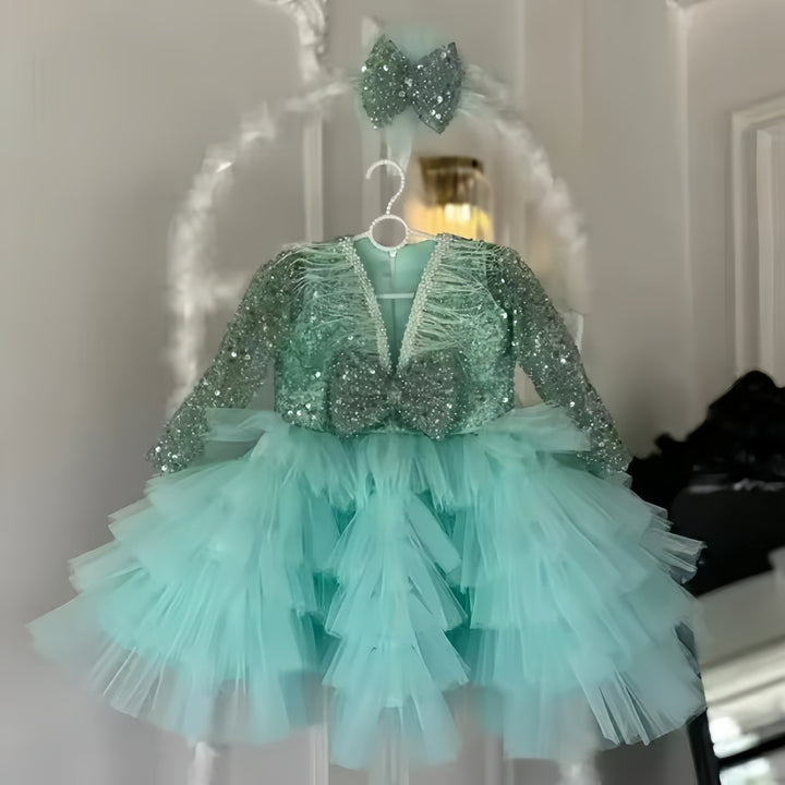TinyTulle Sequined Layered Tulle Ball Gown Flower Girl Dress for Birthday Party