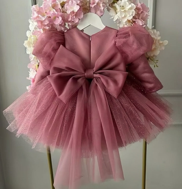 TinyTulle Dusty Rose Glitter Tulle Princess Flower Girl Dress with Oversized Bow
