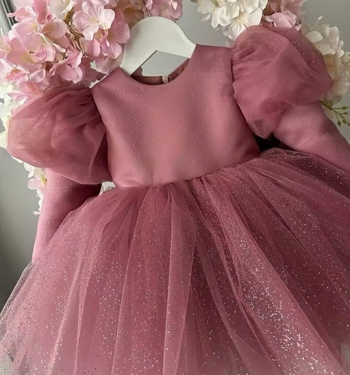 TinyTulle Dusty Rose Glitter Tulle Princess Flower Girl Dress with Oversized Bow