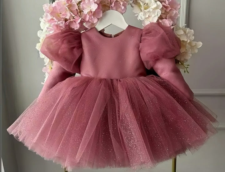 TinyTulle Dusty Rose Glitter Tulle Princess Flower Girl Dress with Oversized Bow