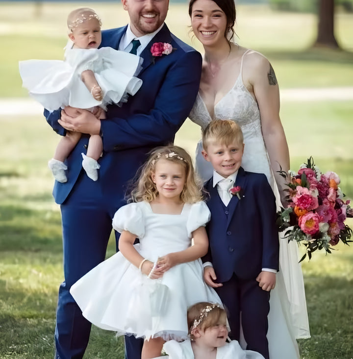 TinyTulle Elegant Pearl Puff Sleeve Satin Flower Girl Dress with Square Neck