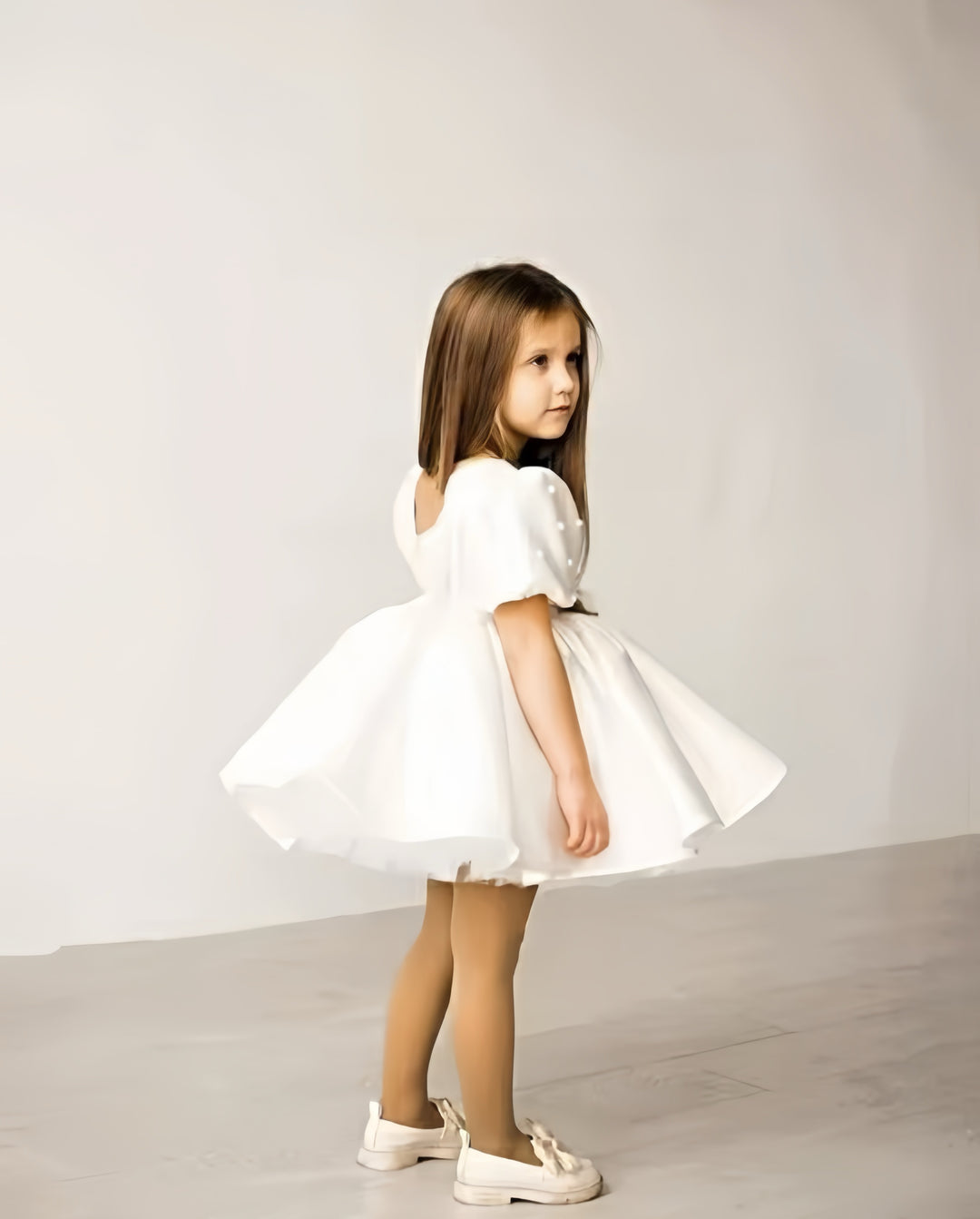 TinyTulle Elegant Pearl Puff Sleeve Satin Flower Girl Dress with Square Neck