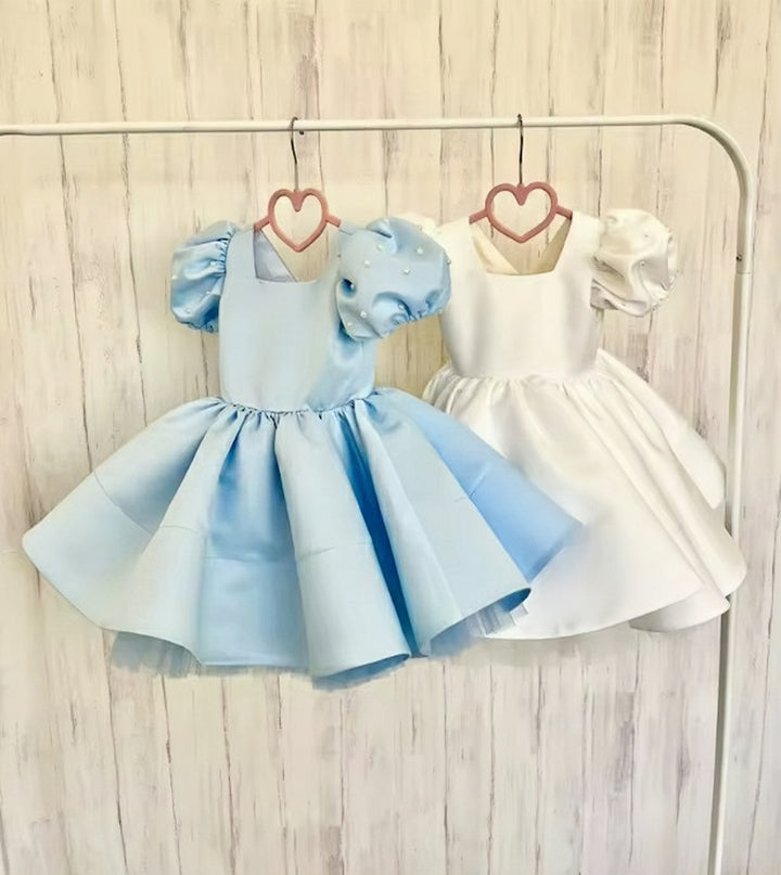 TinyTulle Elegant Pearl Puff Sleeve Satin Flower Girl Dress with Square Neck