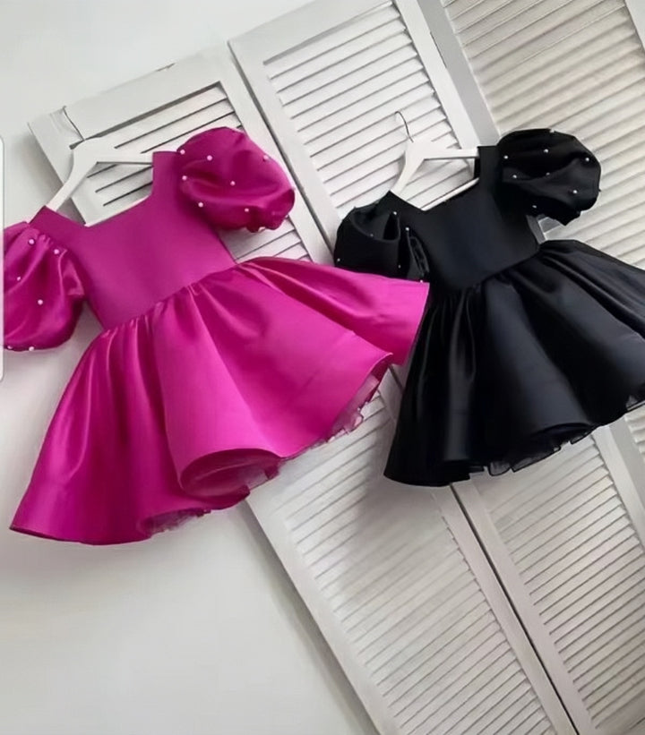 TinyTulle Elegant Pearl Puff Sleeve Satin Flower Girl Dress with Square Neck