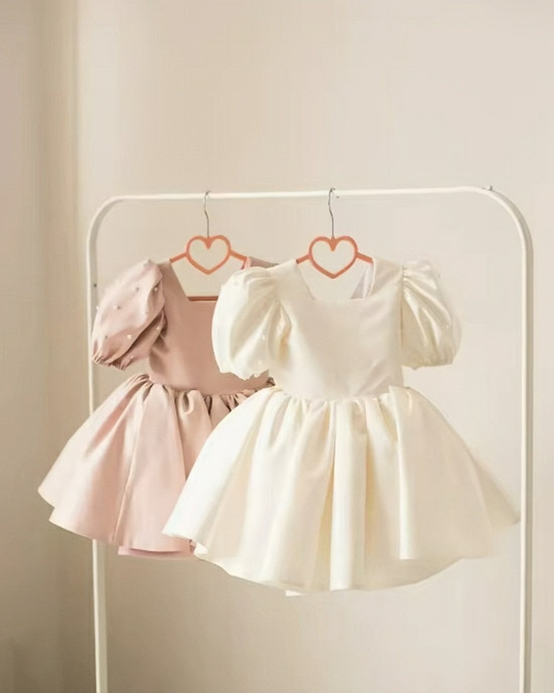 TinyTulle Elegant Pearl Puff Sleeve Satin Flower Girl Dress with Square Neck