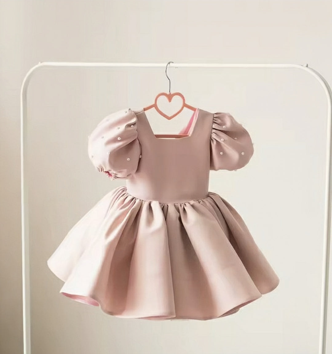 TinyTulle Elegant Pearl Puff Sleeve Satin Flower Girl Dress with Square Neck