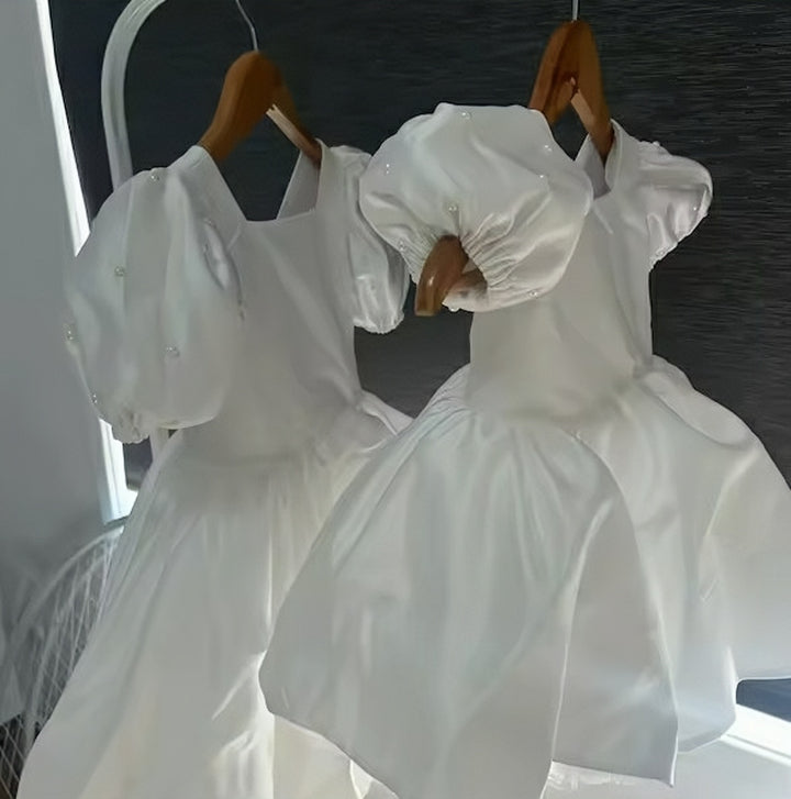 TinyTulle Elegant Pearl Puff Sleeve Satin Flower Girl Dress with Square Neck