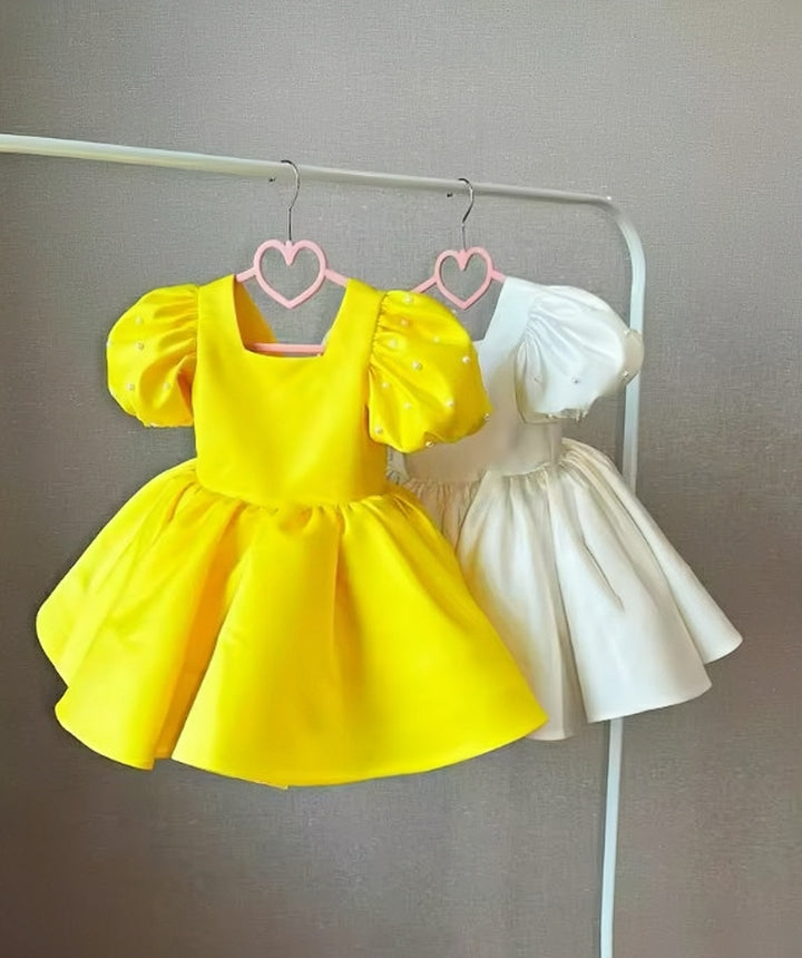 TinyTulle Elegant Pearl Puff Sleeve Satin Flower Girl Dress with Square Neck
