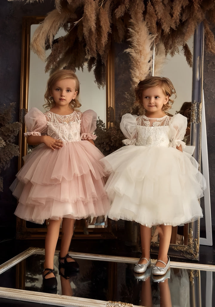 TinyTulle Elegant Puff Sleeve Lace Appliqué Layered Tulle Flower Girl Princess Dress