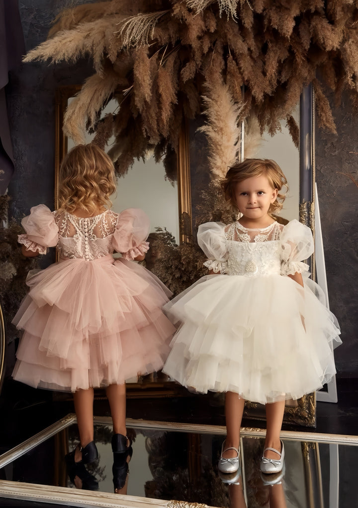 TinyTulle Elegant Puff Sleeve Lace Appliqué Layered Tulle Flower Girl Princess Dress
