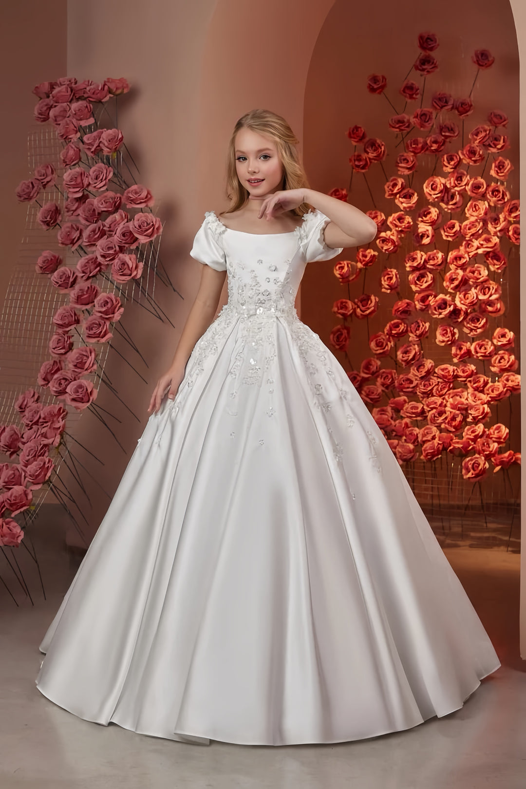TinyTulle Luxury Satin Ball Gown Flower Girl Dress with Floral Lace Appliqué