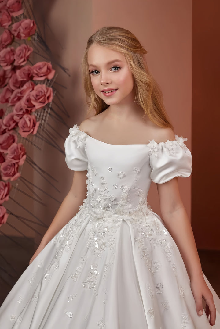 TinyTulle Luxury Satin Ball Gown Flower Girl Dress with Floral Lace Appliqué