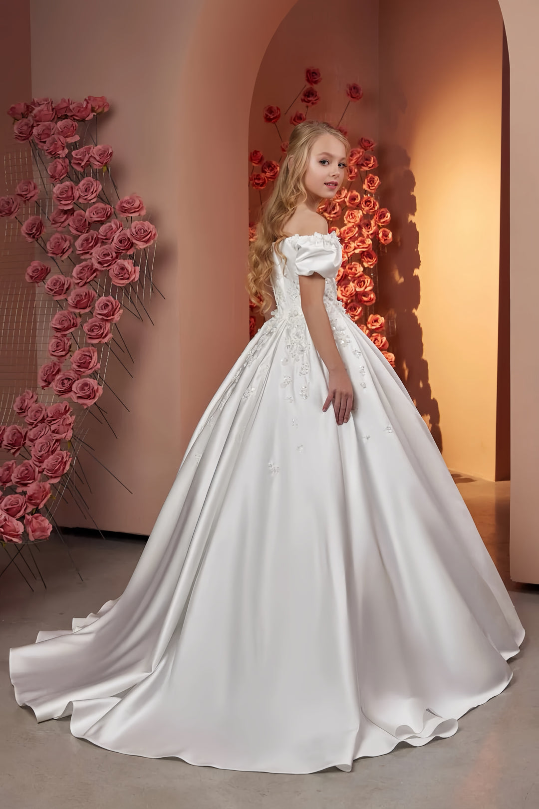TinyTulle Luxury Satin Ball Gown Flower Girl Dress with Floral Lace Appliqué