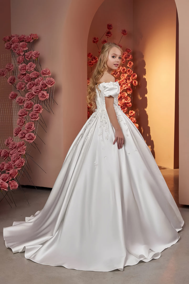 TinyTulle Luxury Satin Ball Gown Flower Girl Dress with Floral Lace Appliqué