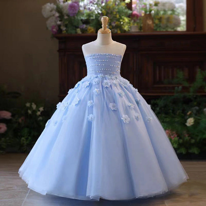 TinyTulle Exquisite Light Blue 3D Floral Tulle Ball Gown Flower Girl Dress