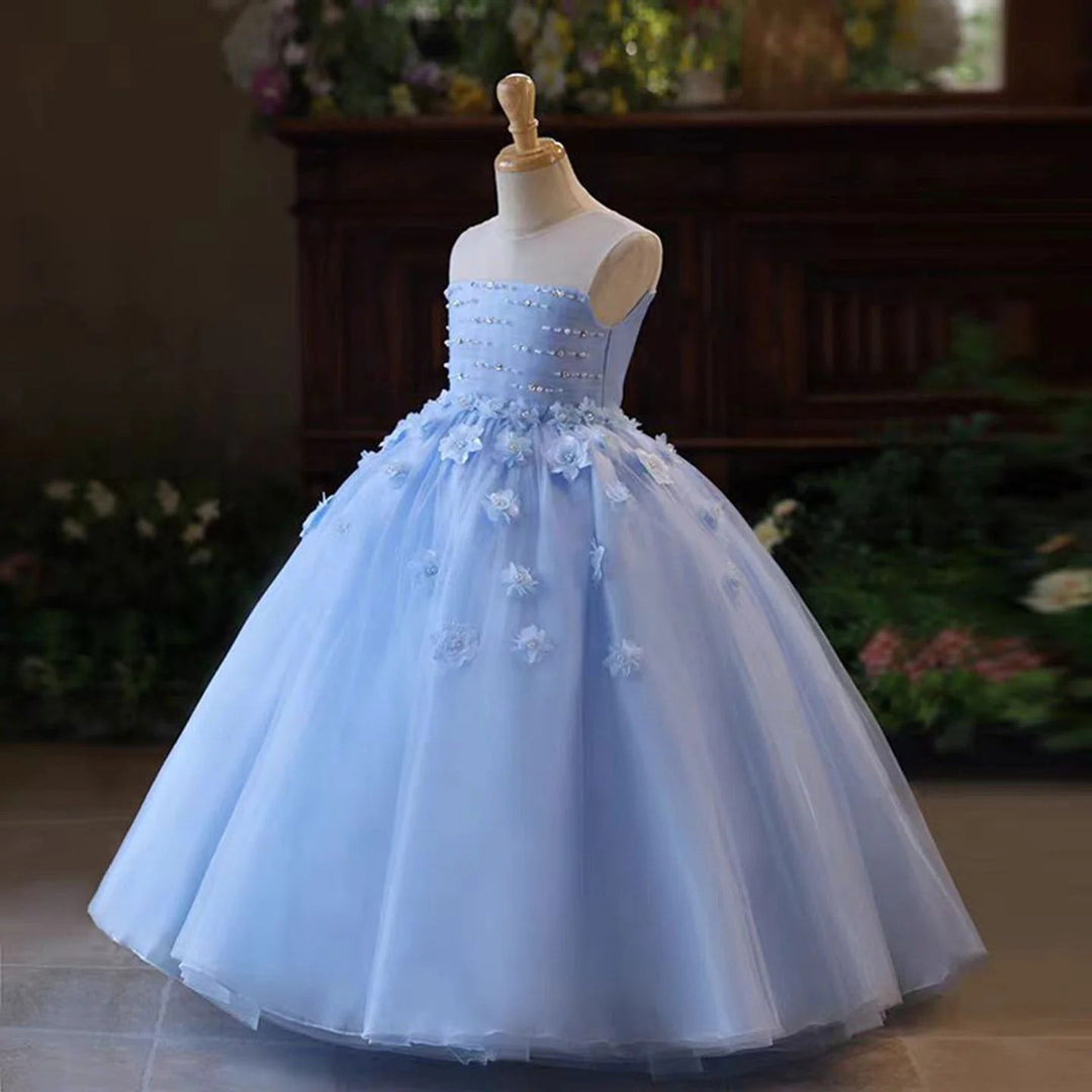 TinyTulle Exquisite Light Blue 3D Floral Tulle Ball Gown Flower Girl Dress