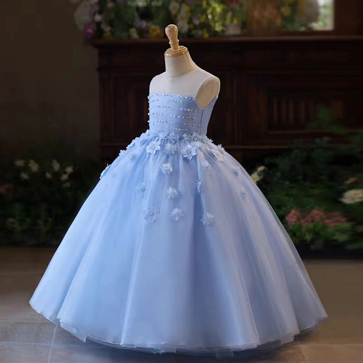 TinyTulle Exquisite Light Blue 3D Floral Tulle Ball Gown Flower Girl Dress
