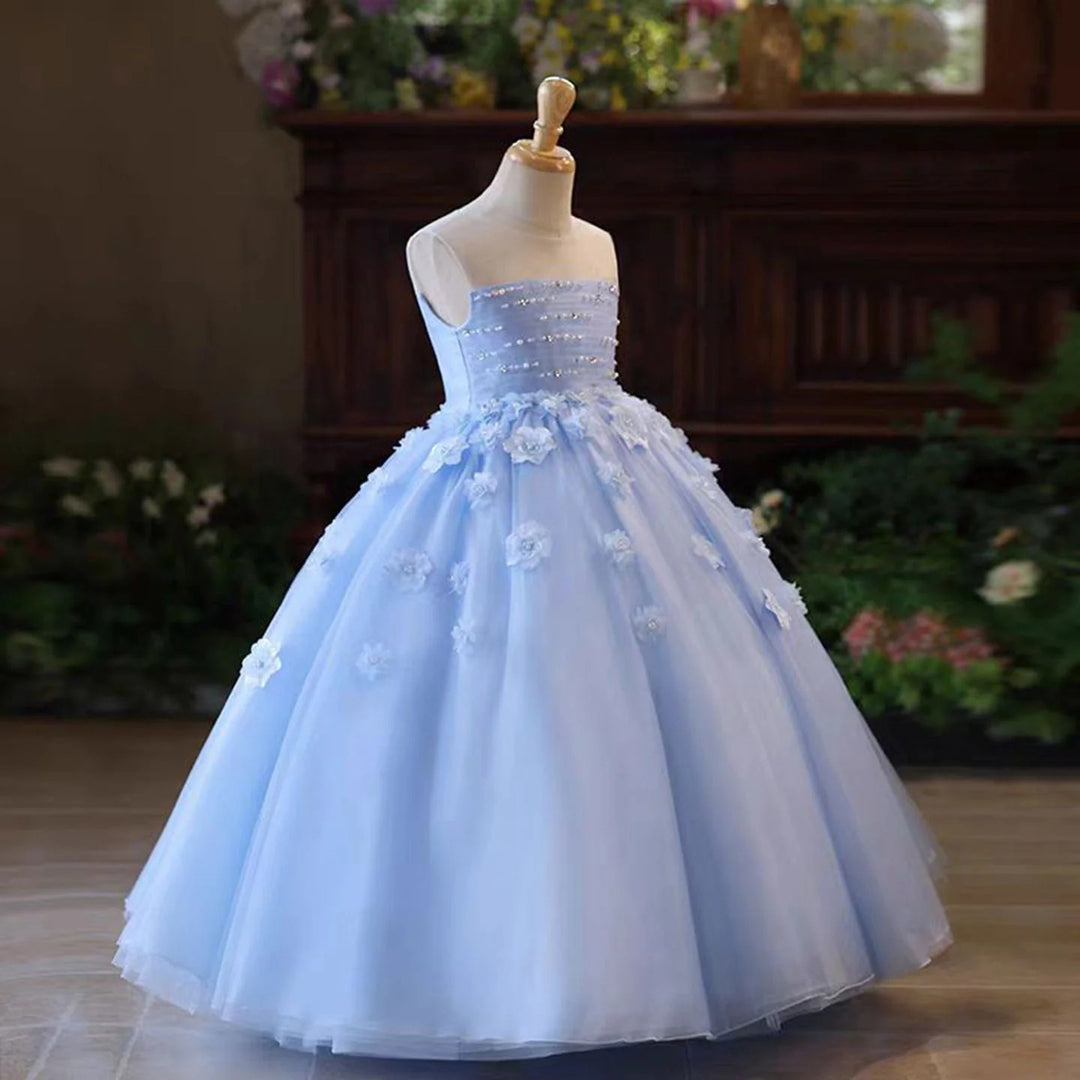 TinyTulle Exquisite Light Blue 3D Floral Tulle Ball Gown Flower Girl Dress