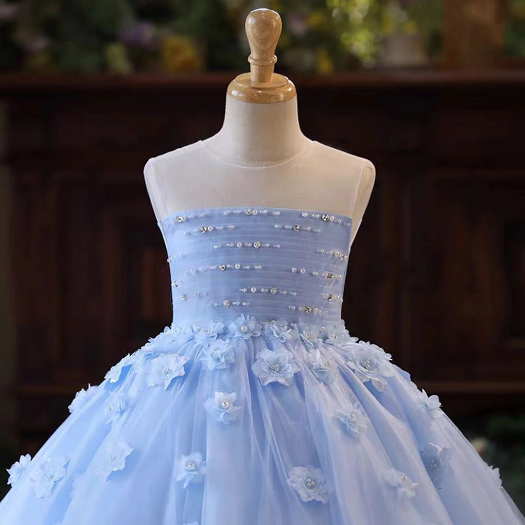 TinyTulle Exquisite Light Blue 3D Floral Tulle Ball Gown Flower Girl Dress