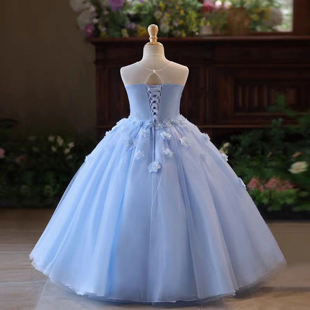 TinyTulle Exquisite Light Blue 3D Floral Tulle Ball Gown Flower Girl Dress