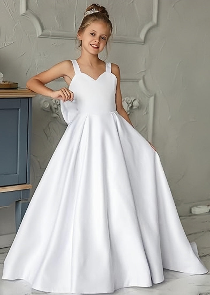 TinyTulle Off-Shoulder Satin A-Line Flower Girl Dress with Backless Design and Bow