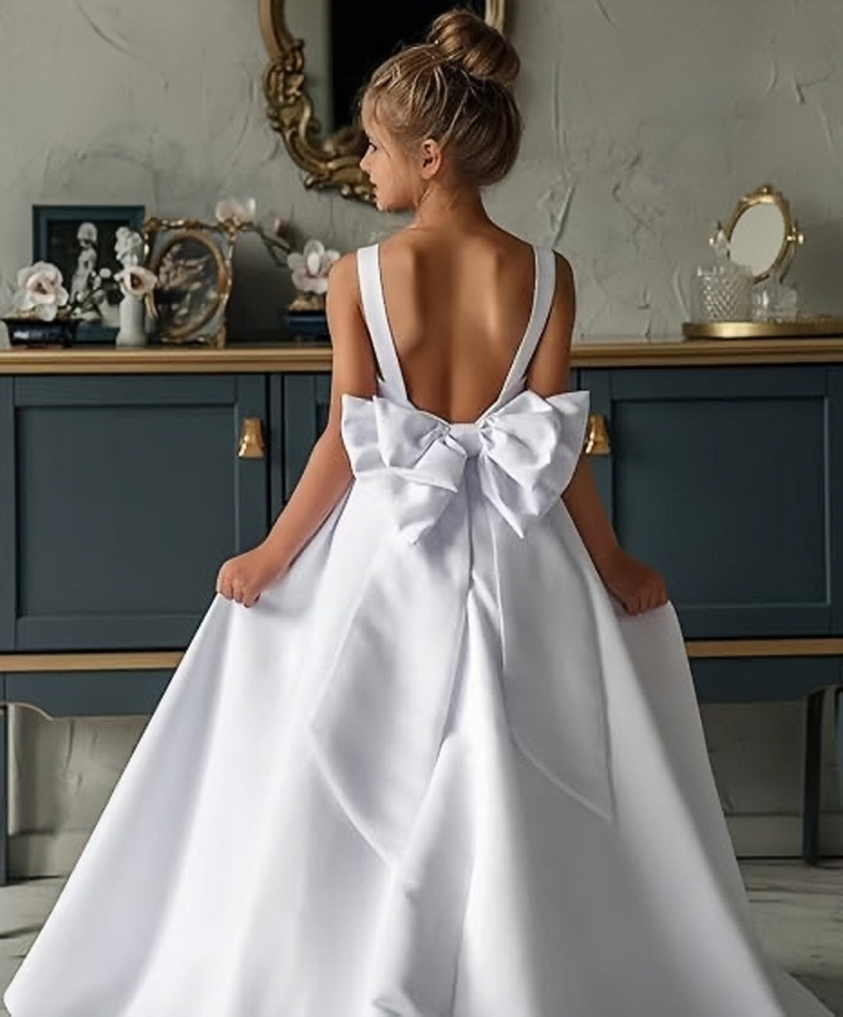 TinyTulle Off-Shoulder Satin A-Line Flower Girl Dress with Backless Design and Bow