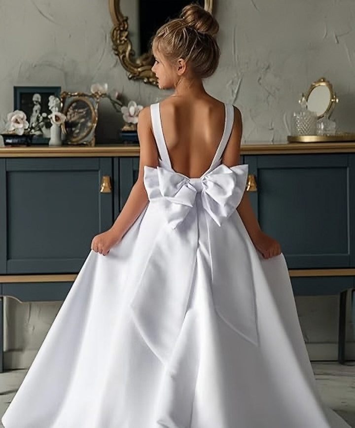 TinyTulle Off-Shoulder Satin A-Line Flower Girl Dress with Backless Design and Bow