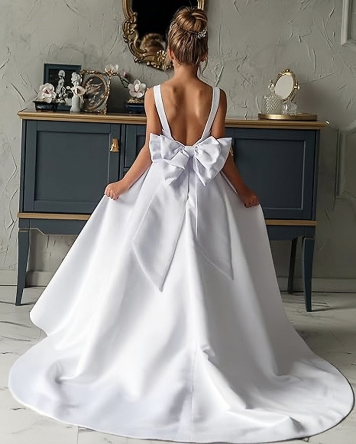 TinyTulle Off-Shoulder Satin A-Line Flower Girl Dress with Backless Design and Bow