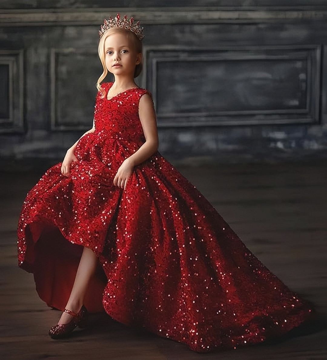 TinyTulle Glitter Sequin V-Neck Sleeveless Ball Gown Flower Girl Dress