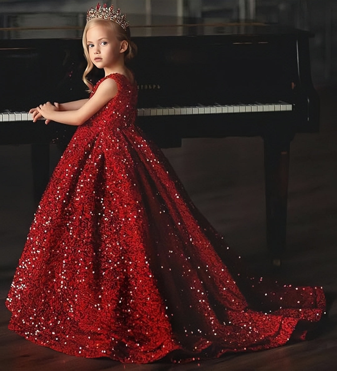 TinyTulle Glitter Sequin V-Neck Sleeveless Ball Gown Flower Girl Dress