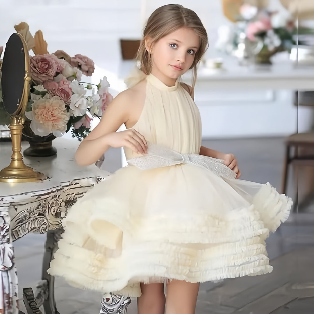 TinyTulle Princess Sleeveless Ruffled Flower Girl Ball Gown with Bow