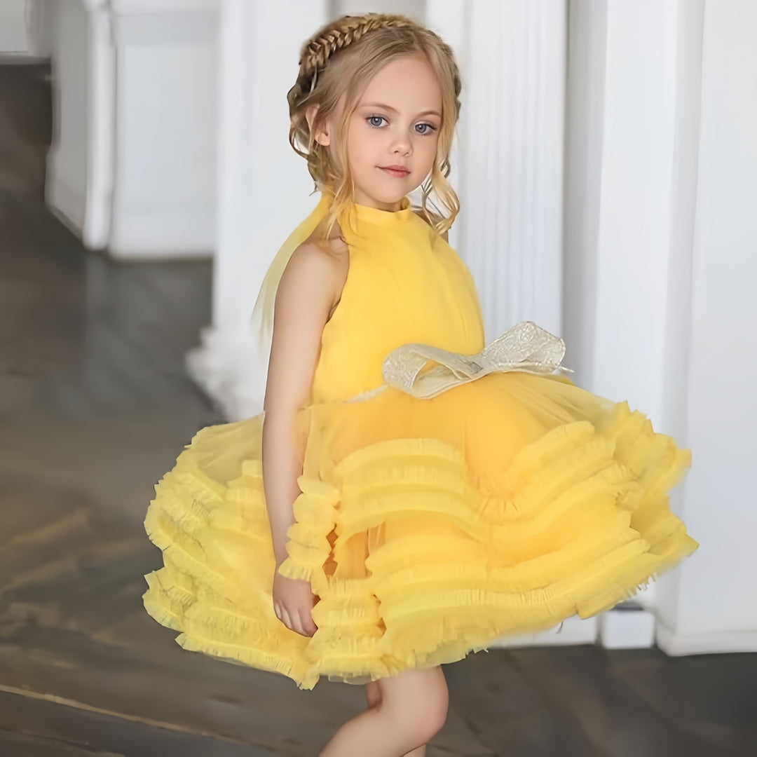 TinyTulle Princess Sleeveless Ruffled Flower Girl Ball Gown with Bow