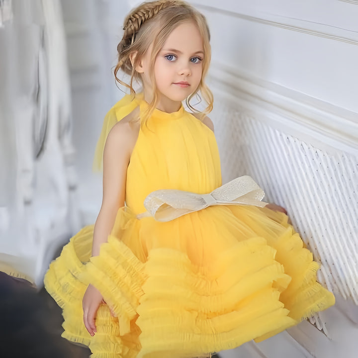 TinyTulle Princess Sleeveless Ruffled Flower Girl Ball Gown with Bow