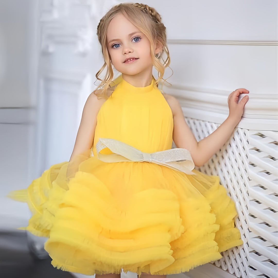 TinyTulle Princess Sleeveless Ruffled Flower Girl Ball Gown with Bow