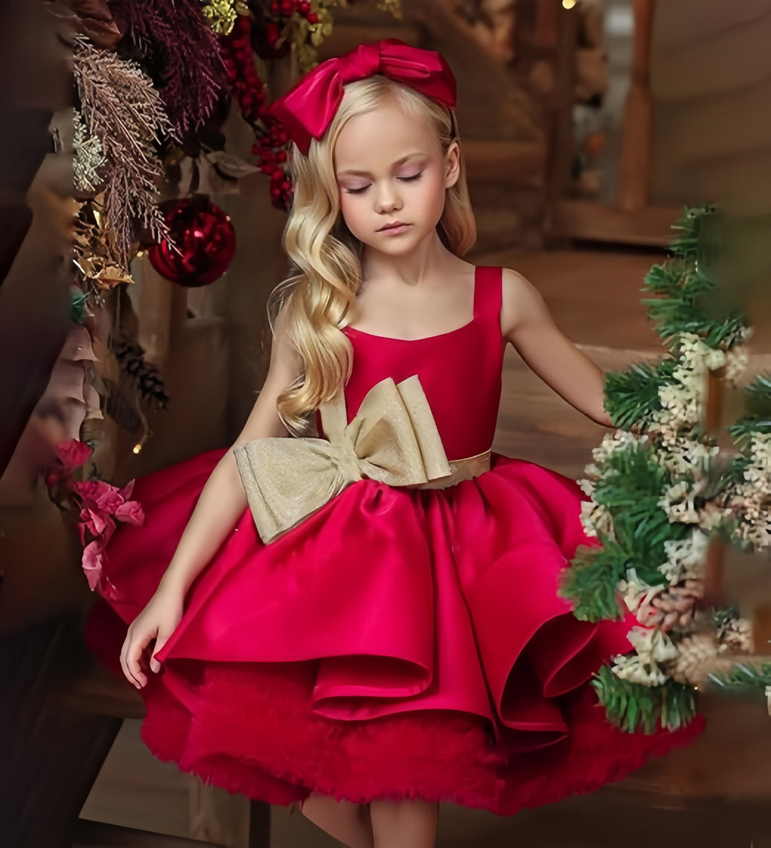 TinyTulle Red Sleeveless Satin Flower Girl Dress with Gold Bow Accent
