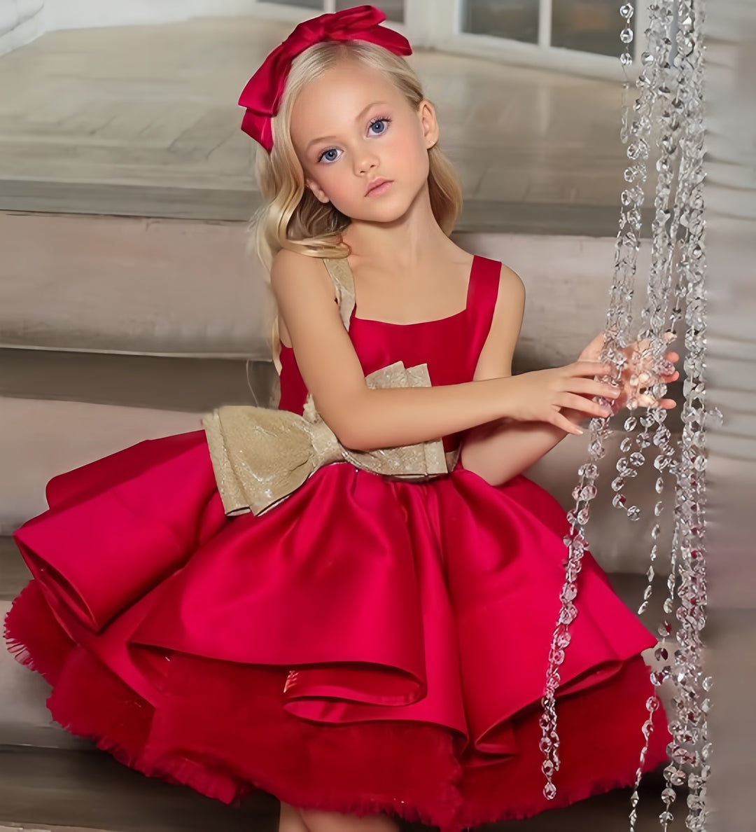 TinyTulle Red Sleeveless Satin Flower Girl Dress with Gold Bow Accent