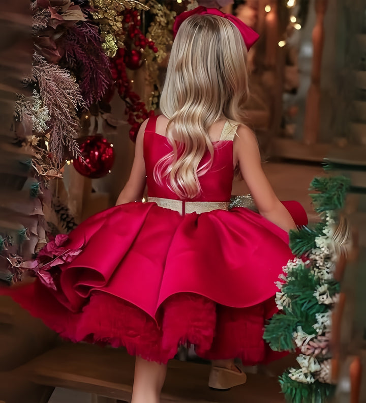TinyTulle Red Sleeveless Satin Flower Girl Dress with Gold Bow Accent