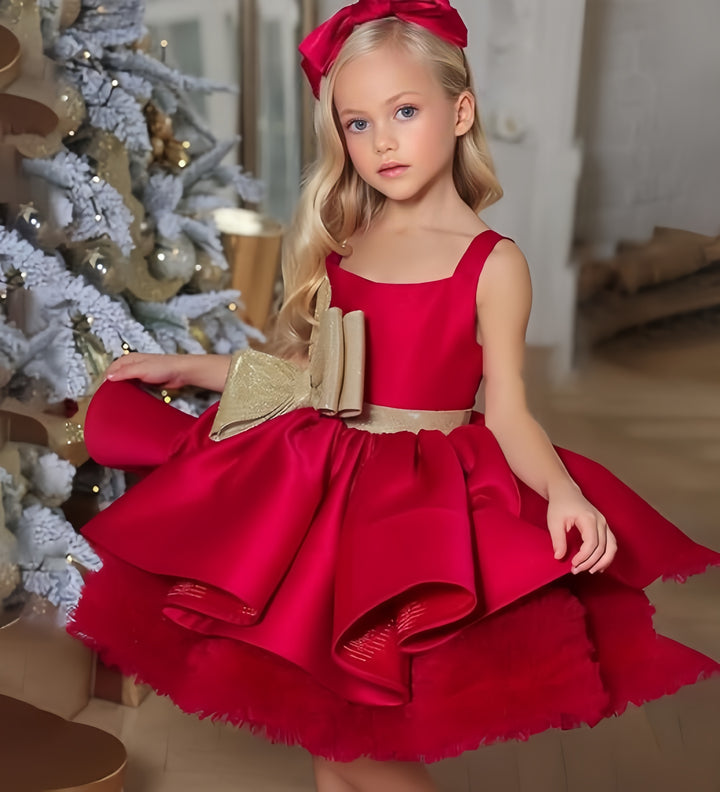 TinyTulle Red Sleeveless Satin Flower Girl Dress with Gold Bow Accent